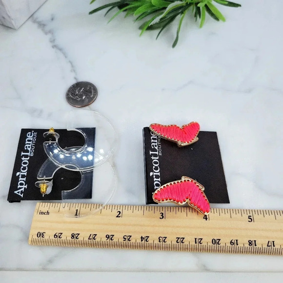NEW Apricot Lane Earrings 2 Pair Hot Coral Butterfly Wings Clear Hoops M… - Picture 8 of 9